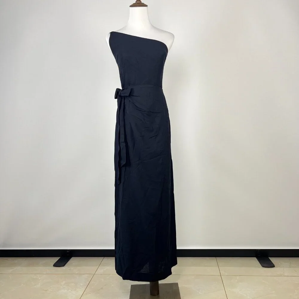 NWOT Farm Rio Linen Blend Black One Shoulder Bow Smocked Wrap Maxi Dress Sz M_2
